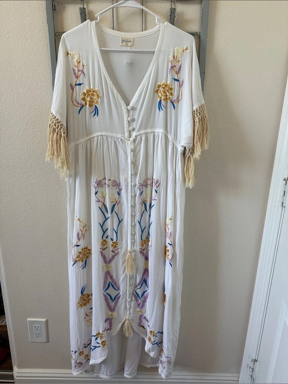 Fillyboo White Embroidered Maxi Dress with Gold and Blue Floral Accents